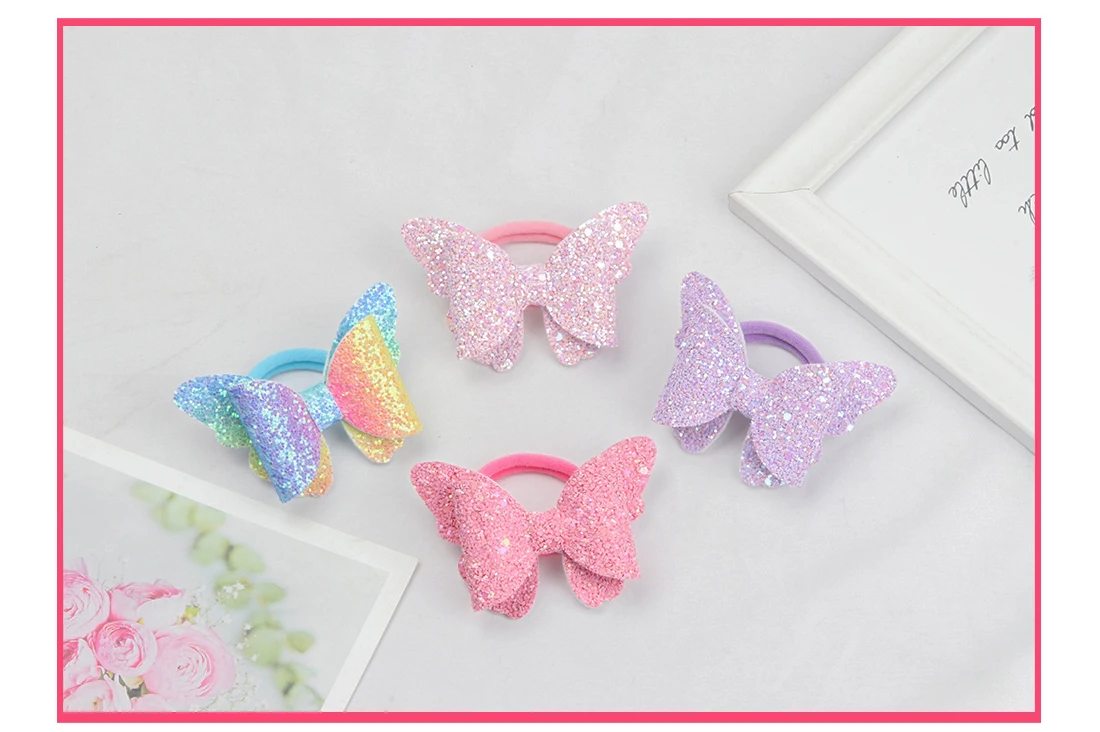 1 PC Child Hair Bow Tie Elastic Hair Band Glitter Hairbow Rope Rainbow Sequin Sparkly 3 Inch Bows Mermaid Girls Sweet Headwear