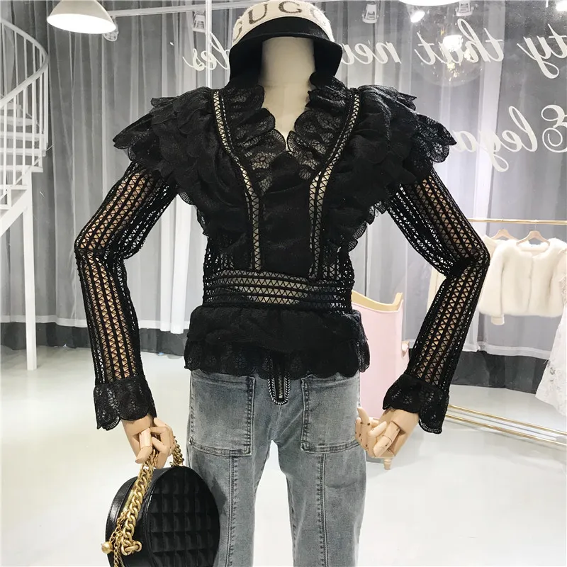 Черный ALPHALMODA отделка из оборок открытая кружевная блузка женская облегающая однотонная Мода Blusas Mujer De Moda Blusas Femininas Elegante - Цвет: Черный