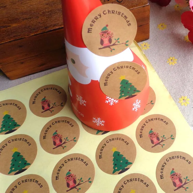 

60pcs/lot Merry Christmas Tree Owl Stickers Round Self-adhesive Sealing Label Sticker Packaging Gift Bags Candy Box Decoration