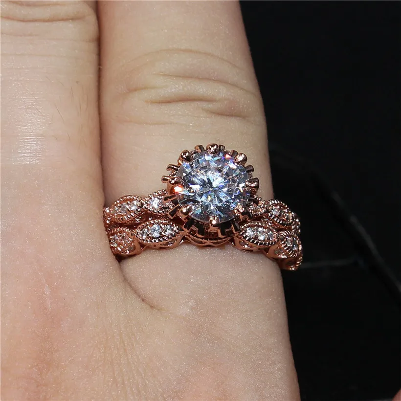 Роскошный цветок 3ct Имитация бриллиантовое кольцо 2-в-1 твердая 925 серебро, розовое золото 18 карат, Прекрасный ювелирные изделия Обручение набор обручальных колец для Для женщин