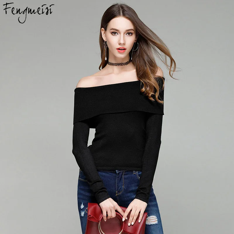 С открытыми плечами эластичные зимние свитер женские короткие черные с