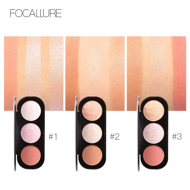FOCALLURE, 3 цвета, натуральные румяна, профессиональные румяна и блестящий хайлайтер, бронзатор для лица, контур, стойкие румяна, палитра