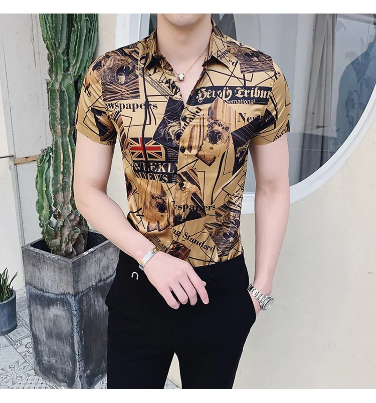 Высокое качество Для мужчин рубашка Фирменная Новинка Slim Fit Мужская одежда рубашки для мальчиков Модный принт футболка с коротким рукавом Для мужчин универсальные смокинг 3XL-M