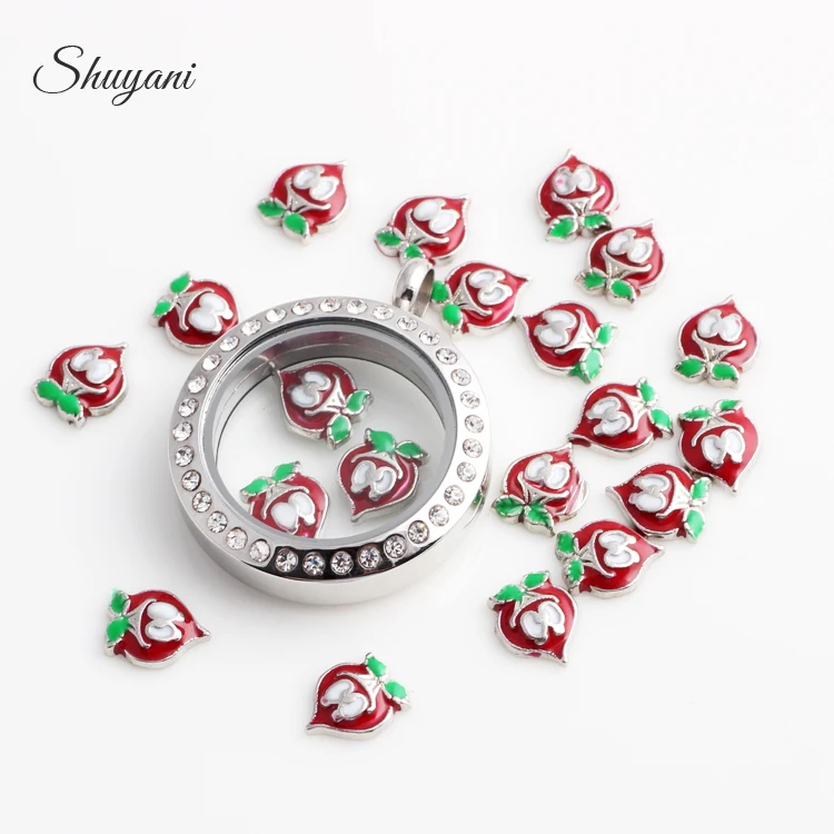 F107 модный эмалевый красный подвески-персики подходят для памяти Стеклянные