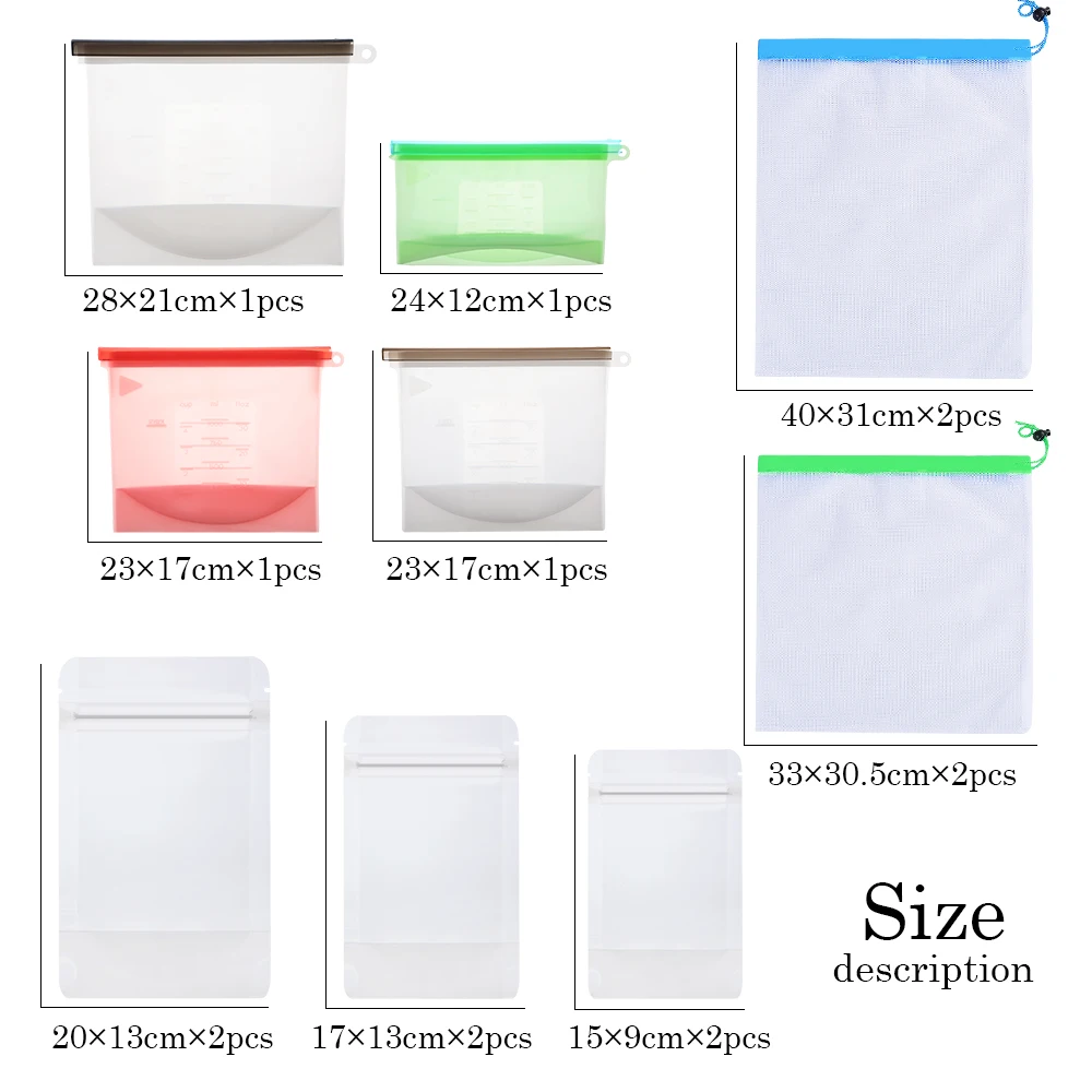 14 шт многоразовые силиконовые пакеты для хранения еды Drawstring Mesh производят сумки прозрачные стоячие набор пакетов органайзеры для холодильника