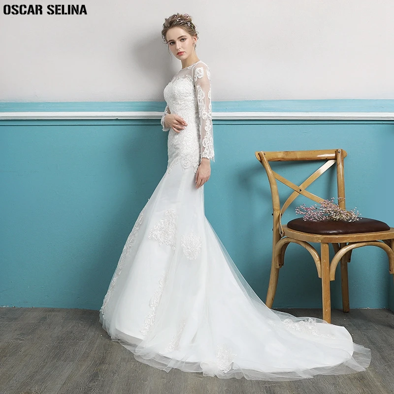 OSCAR SELINA Vestido de noiva2019 новое из кружева с вырезом на шее длинным рукавом сексуальное