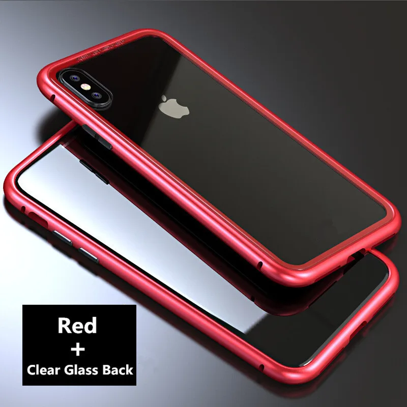 ZG Дизайн Магнитный Флип Ультратонкий чехол для iPhone X 6 6 S 7 8 Plus прозрачное закаленное стекло+ Встроенный Магнитный чехол металлический чехол - Цвет: Red Clear Back
