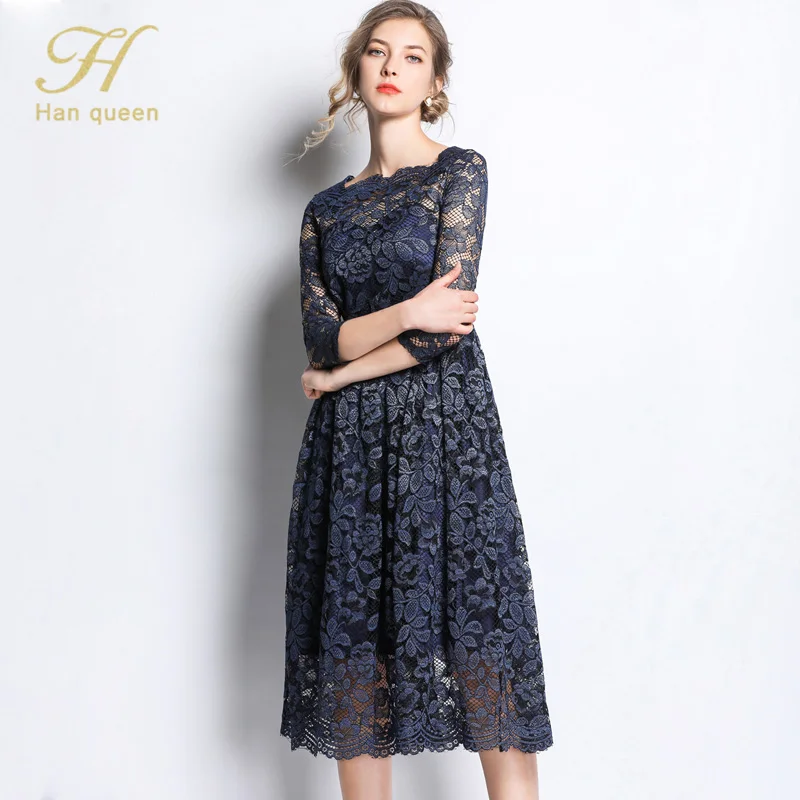 H Han queen, S-3XL размера плюс, выдалбливают, синее кружевное платье для женщин, половина рукава, весенние, винтажные, тонкие, сексуальные, вечерние, повседневные платья, vestidos
