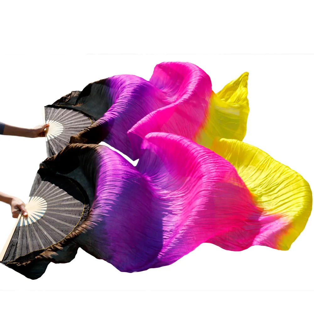 

High Quality 100% Silk Belly Dance Fans 1 Pair Handmade Dyed Silk Dancing Long Fans Left+Right Black+Purple+Rose+Yellow 180x90cm