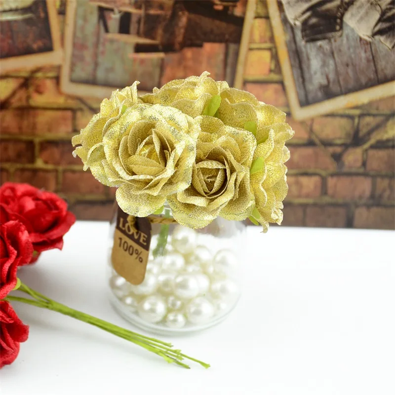 12 шт./партия, мини-распылитель золотого цвета, мини-шелковая искусственная Роза, цветы для свадебного украшения, аксессуары для творчества, поддельный цветок
