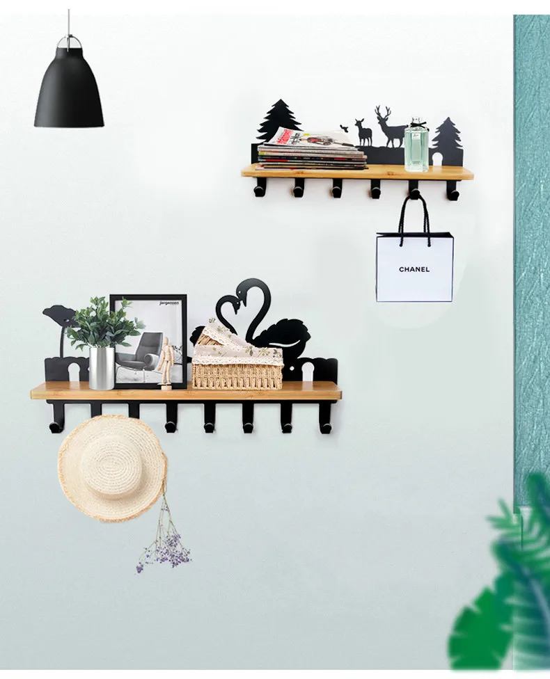 Creative Bamboo Plate Iron Wall Shelf 6/8 Row Hook Coat Hanger Door Hooks Wall Mounted Partition Shelf Deer Piano Swan for Decor