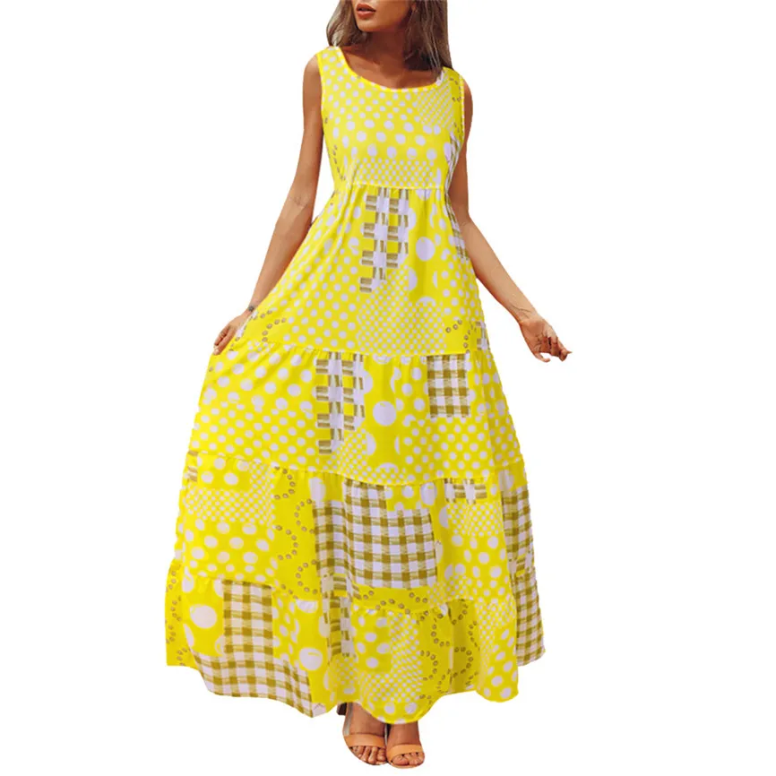 Женское летнее платье винтажное богемное Макси без рукавов с круглым вырезом