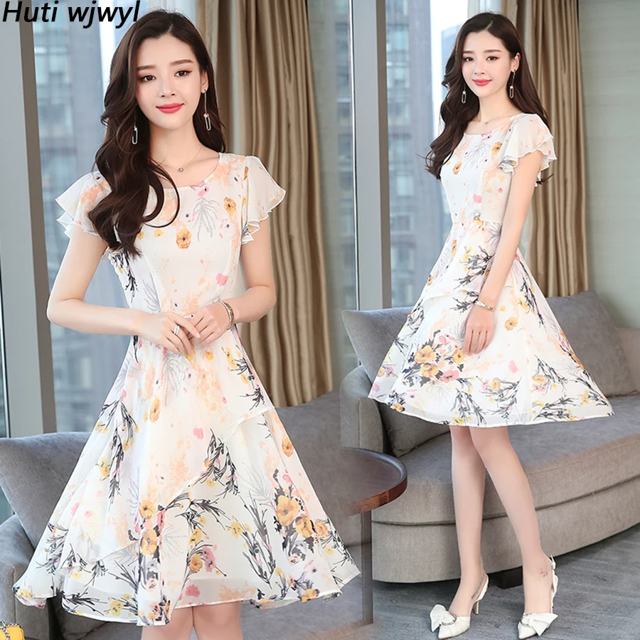 

Women Bodycon Elegant Party Vestidos 2023 Vintage Print Casual Beach Dresses Summer Korean New Floral Chiffon Boho Midi Sundress