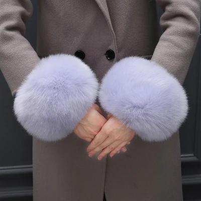 light purple Осенне-зимние женские модные теплые перчатки из искусственного лисьего меха с кольцом для рук, чехлы для обуви с меховым рукавом и манжетами - Цвет: light purple