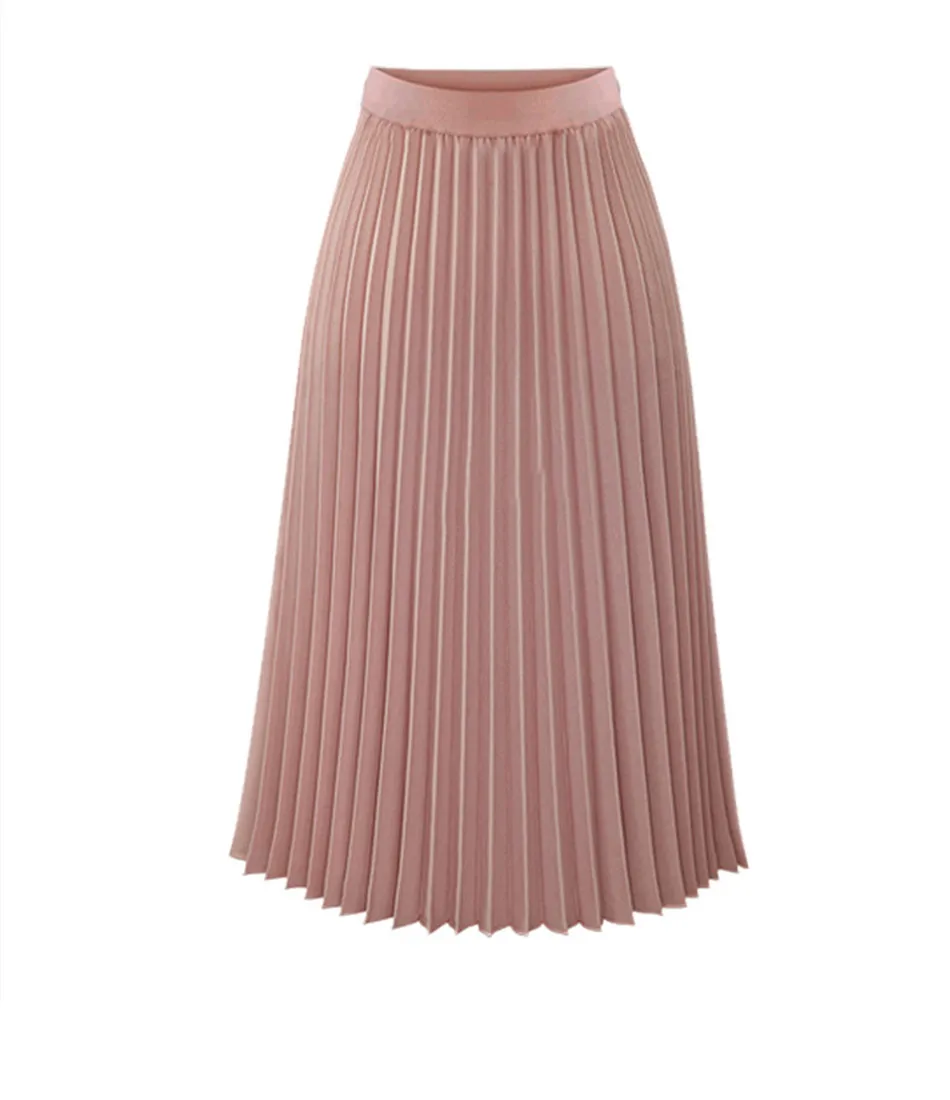 High Waist Pleated Skirt Fashion Solid Long Skirts Black Pink Length Elastic Skirts Woman Summer Fashion Office Maxi Skirt