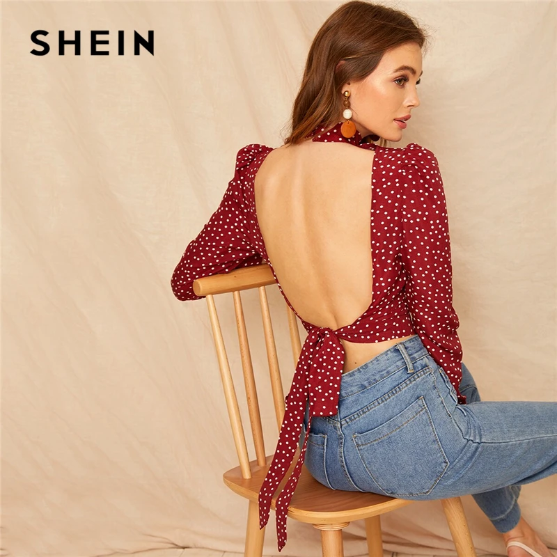 SHEIN Короткая Блуза В Горошек С Открытой Спинкой И Узлом Женский Сексуальный Топ С Длинными Рукавами И Высоким Вырезом