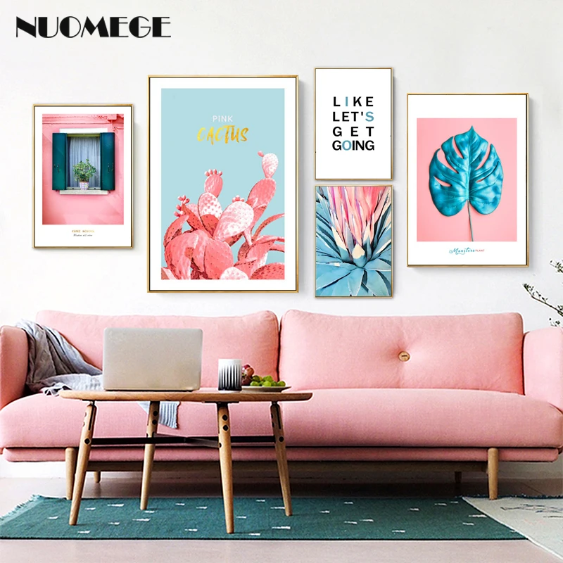 

Scandinavian Style Pink Wall Art Red Cactus Posters and Prints Turtle Leaf Decorative Pictures for Living Room Home Decor