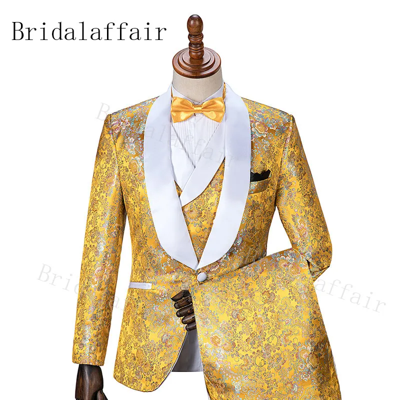 Bridalaffair, высокое качество, цветочный золотой костюм, Мужская шаль с отворотом, смокинг для жениха, мужские костюмы, приталенный, для свадьбы, Лучший человек, блейзер, наборы, 3 предмета