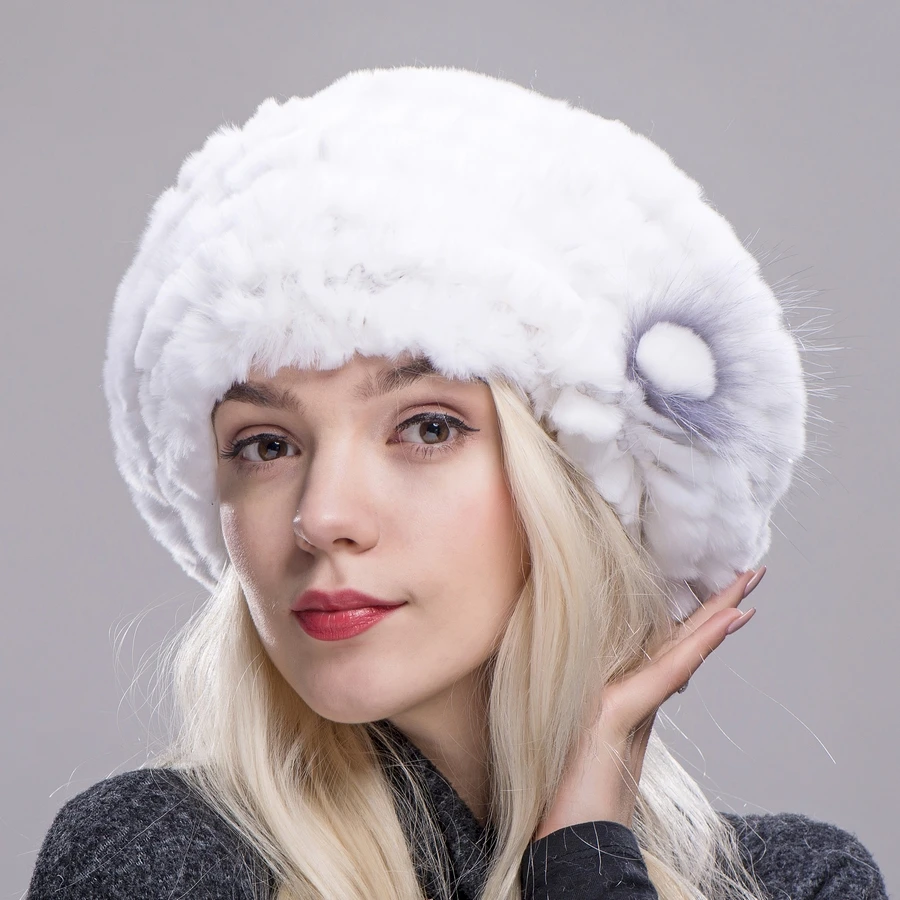 Женская вязаная шапка с натуральным кроличьим мехом FXFURS зимняя высокого