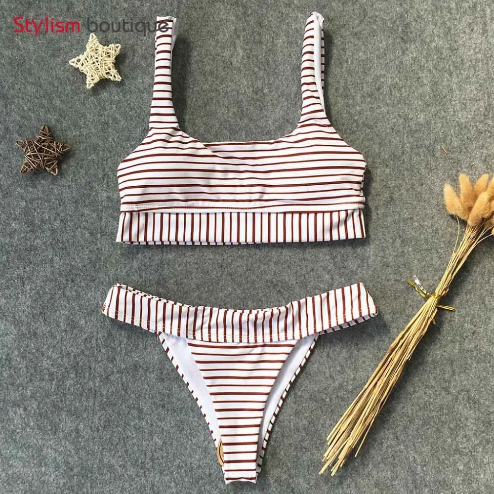2018 New Arrival Stripe Bikini Set Crop Top Brazilian Sexy Micro Biquini 2 pieces Swimming Bathing Suit Maillot De Bain Femme | Женская