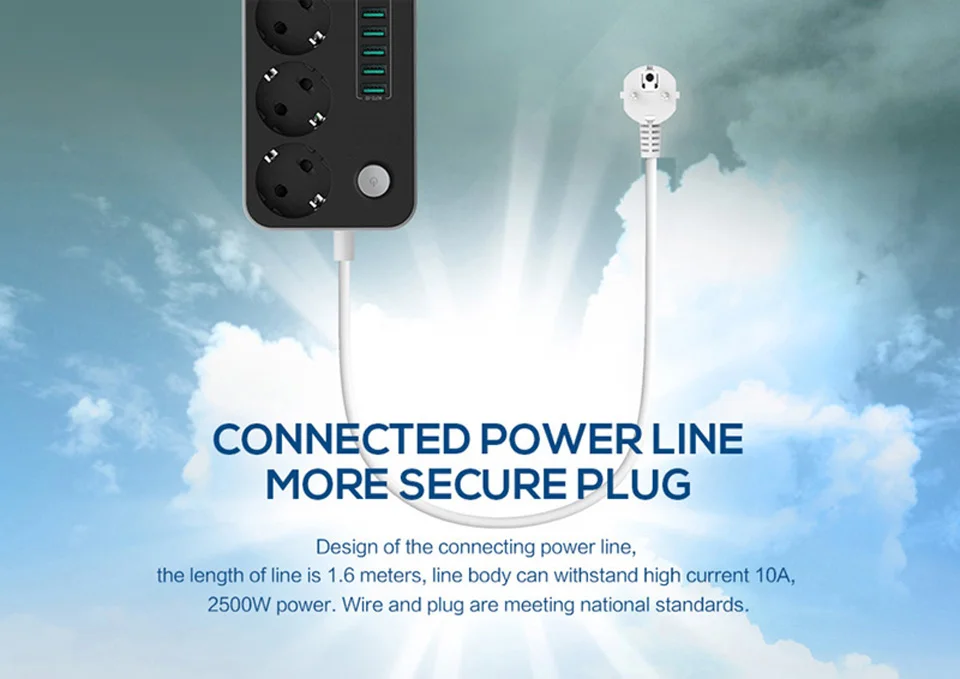 ЕС Plug power Strip с 1,6 м электрический провод-удлинитель 6 usb зарядный порт 3 розетки защита от перегрузки 2500 Вт удлинитель электрический