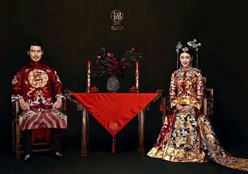 Длинное китайское свадебное платье невесты Cheongsam Qipao Ретро длинное Цветочное платье с рисунком Феникса китайская пара свадебный наряд жениха