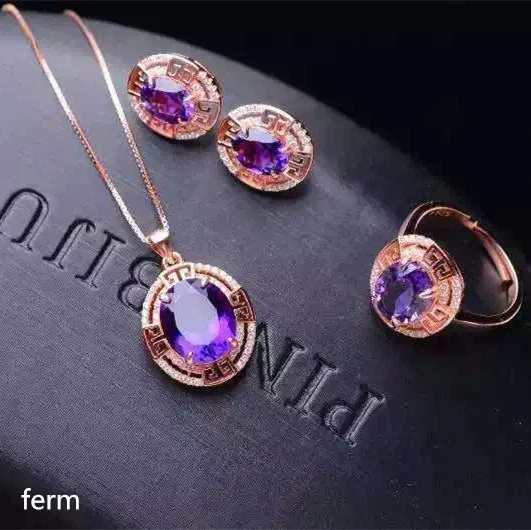 

KJJEAXCMY exquisite jewelry 925 pure silver inlaid natural amethyst ladies jewelry set rings Pendant Earrings 3 sets