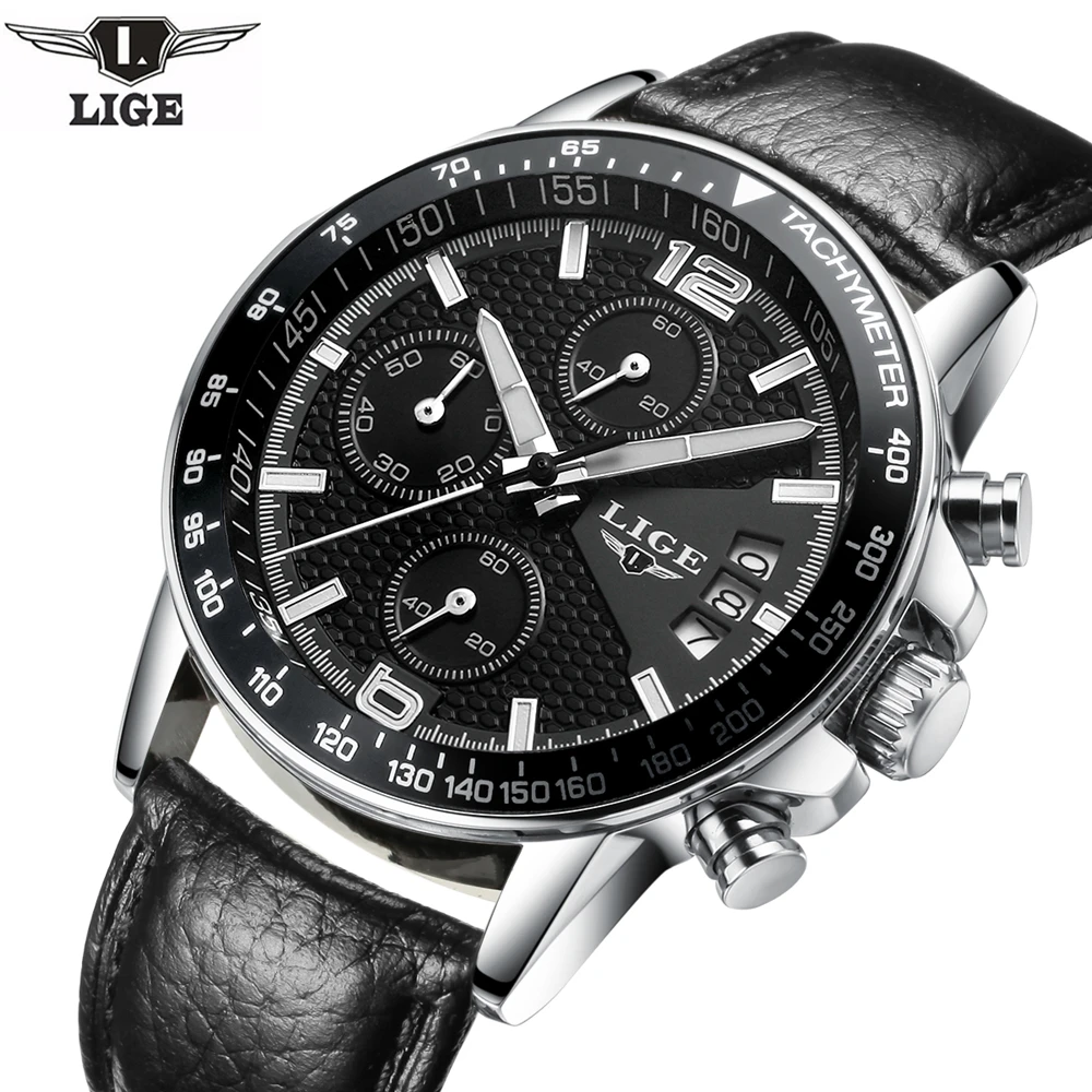 Бренд LIGE 2017 новые мужские часы кварцевые настоящие три циферблата светящиеся