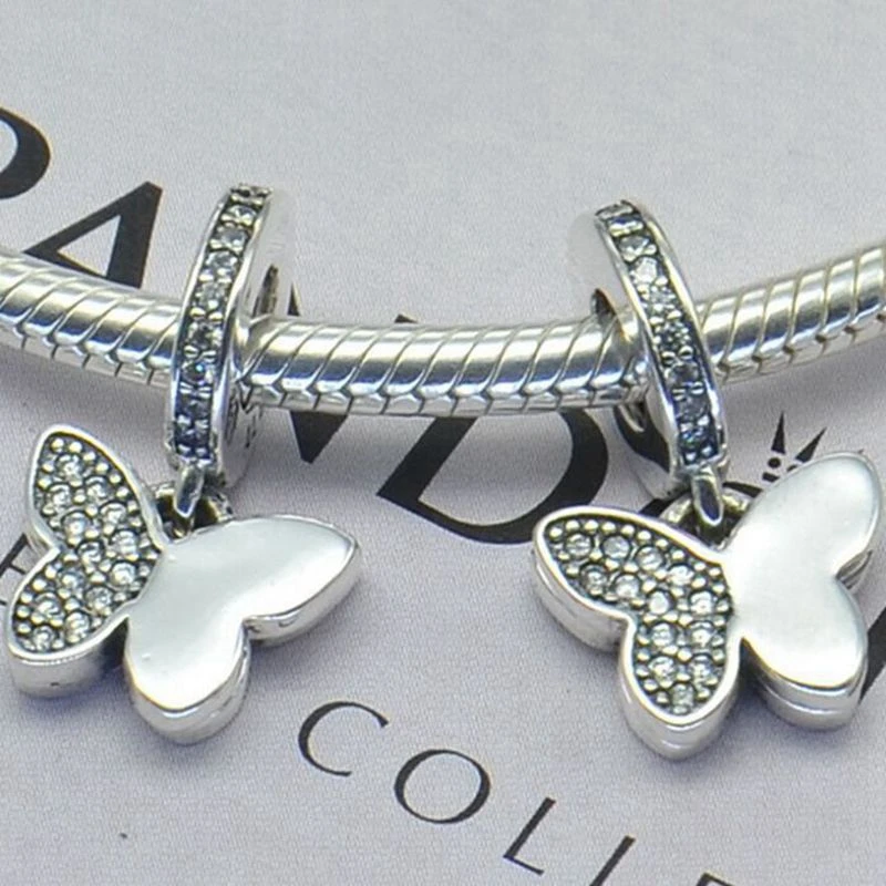 Подвеска стразы из серебра 100% пробы с 2 бабочками подходящая для европейского