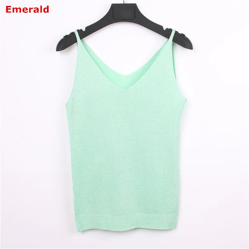 Emerald Женская майка с люрексом, Вязанная, элегантная, облегающая, сексуальная, с открытыми плечами, безрукавка, без спинки, топ, жилет, v-образный вырез, одноцветная майка, свитер - Цвет: Emerald