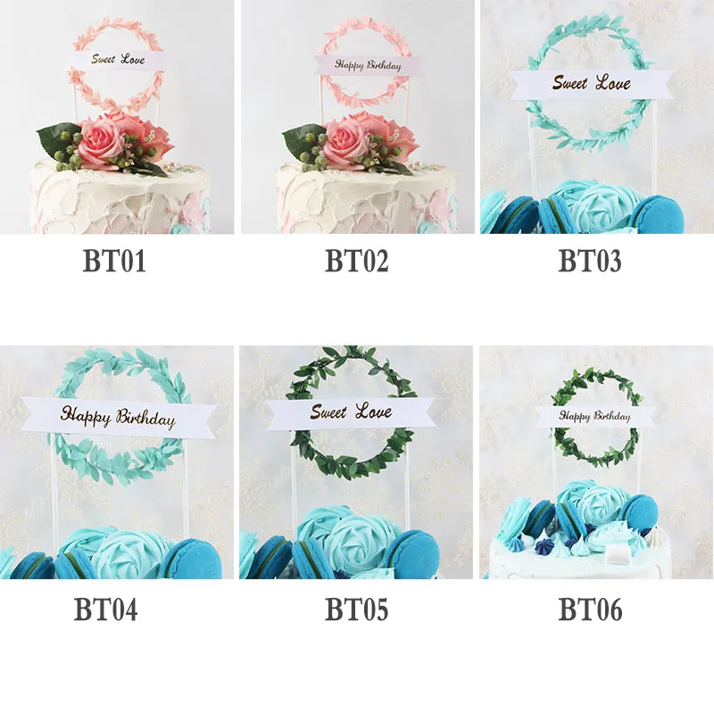 1 шт. розовый синий искусственный цветок зеленые листья жемчужный венок торт