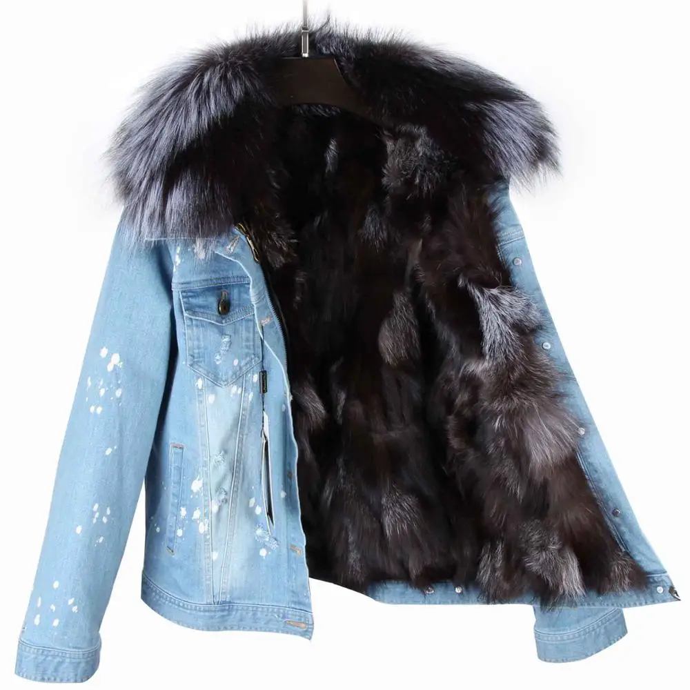 lightdenim greyfur Новая парка зимнее женское пальто с большим воротником из меха енота подкладка из натурального Лисьего меха куртка наивысшего качества - Цвет: lightdenim greyfur