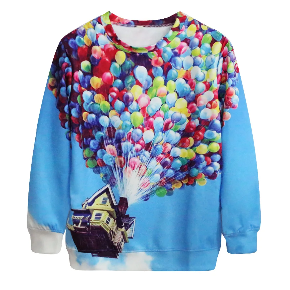 Harajuku 3D Print Flying colorful balloon villa house Sweatshirts Fashion Long sleeve Women Hoodies Cartoon Cute Hooded Pullover | Женская