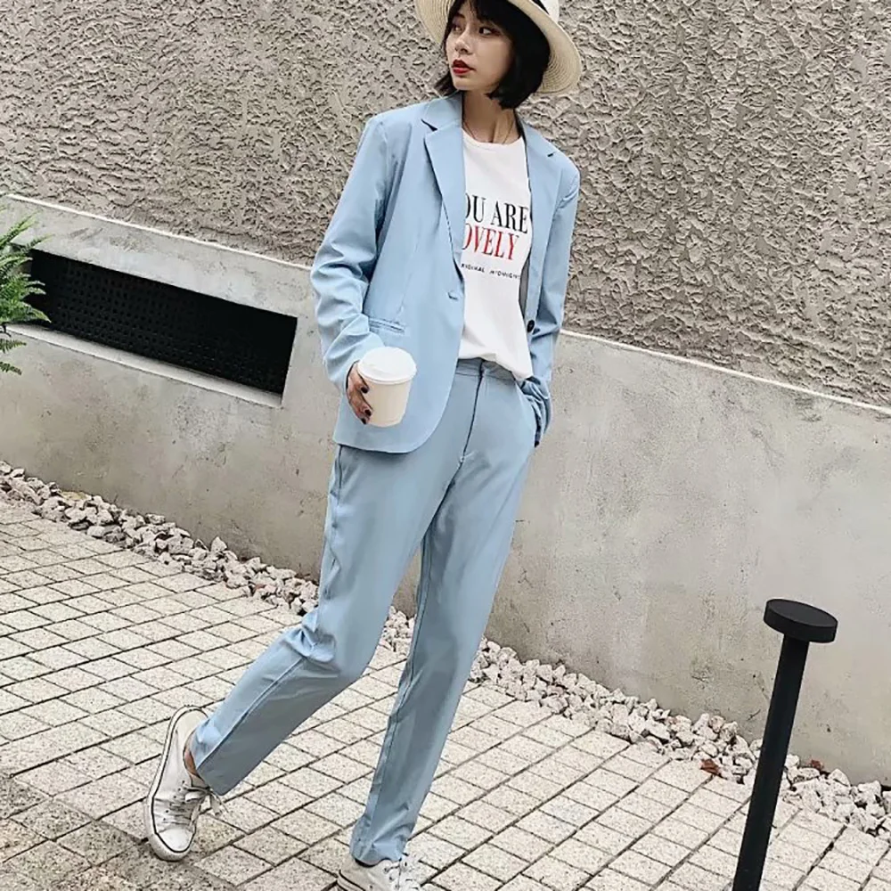 Осень 2019 синий блейзер для женщин модный Cthink светильник костюм брюки стильный
