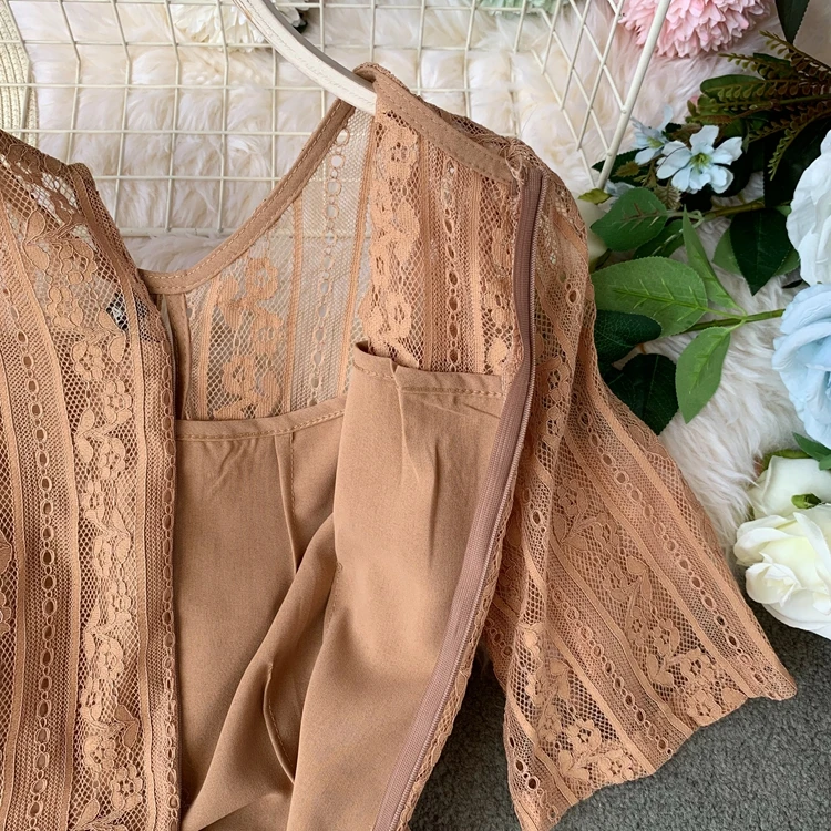 ALPHALMODA, летние женские кружевные однотонные облегающие комбинезоны с коротким рукавом и поясом, изящные женские комбинезоны