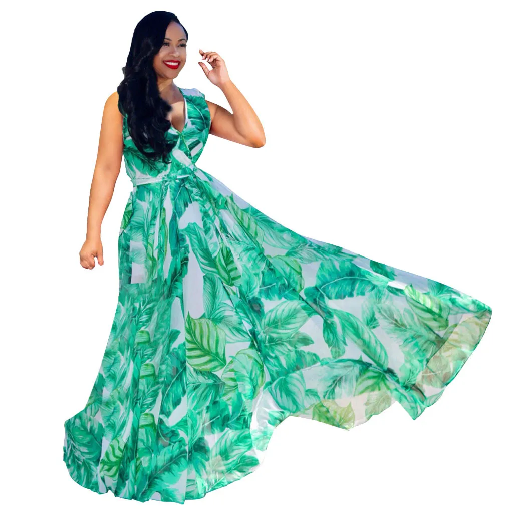 CHAMSGEND dress summer women long Sleeveless Stylish Chiffon With Belt V-Neck Printed Floral Maxi Dresses G0416#10 | Женская одежда