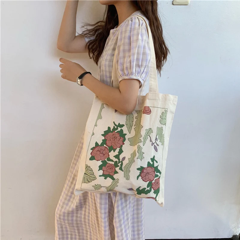 Женская Хлопковая сумка на плечо с цветочным принтом тканевая шоппер из ткани