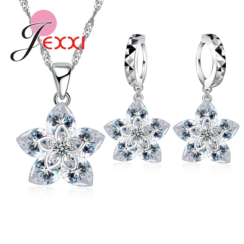 925 Sterling Silver Austrian Crystal Female Jewelry Sets Fashion Flower Design Shiny Necklace and Earring Set for Women | Украшения и