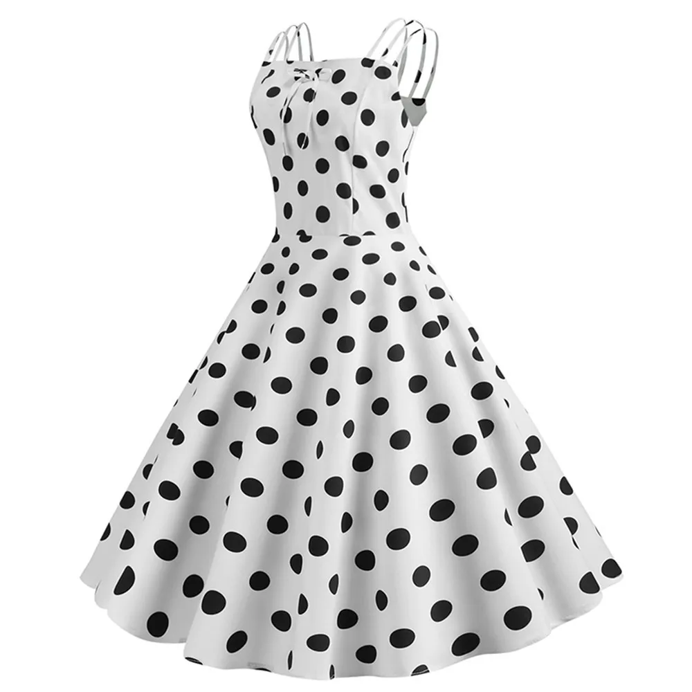 Женское винтажное платье в горошек голубое средней длины на тонких бретельках с