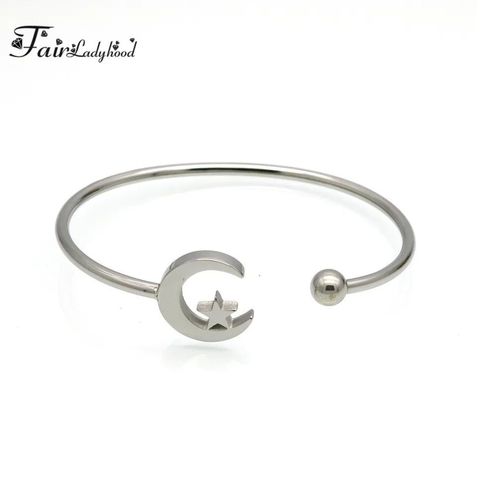 Fairladyhood moon and stars Hallow Design Cuff Bracelet Gold Color Stainless Steel Bangles For Women Wholesale | Украшения и