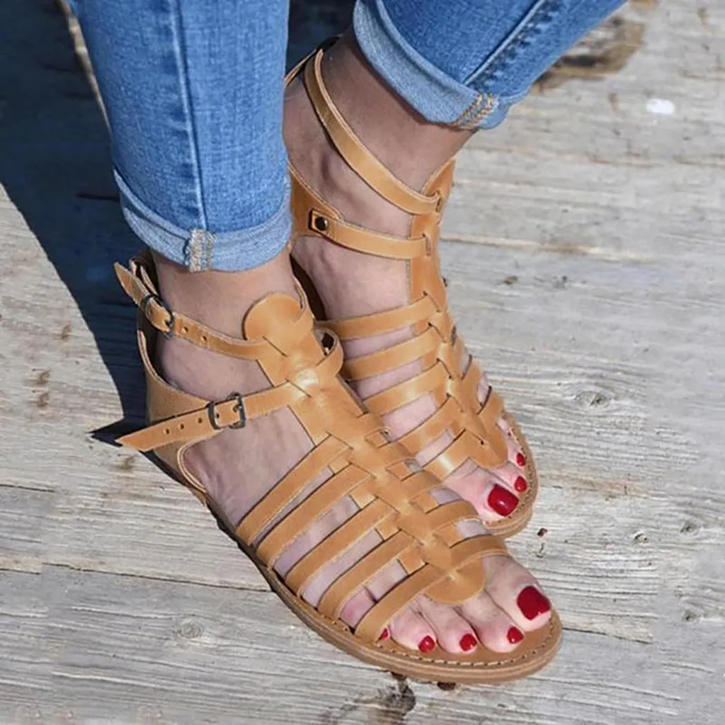 Женские сандалии с открытым носком на плоской подошве пряжкой повседневные лето