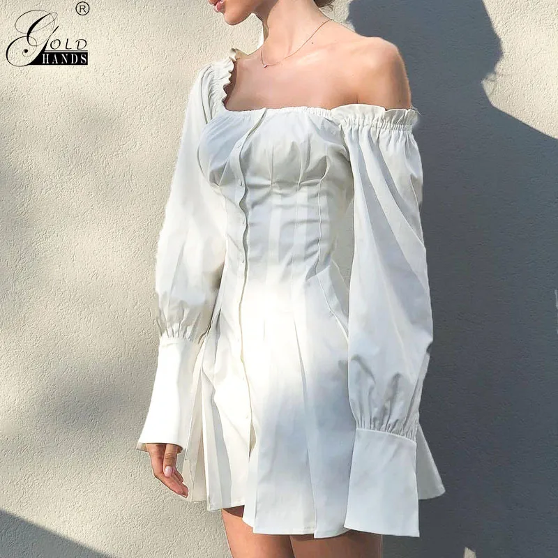 Женское платье рубашка золотого цвета белое с квадратным вырезом и коротким