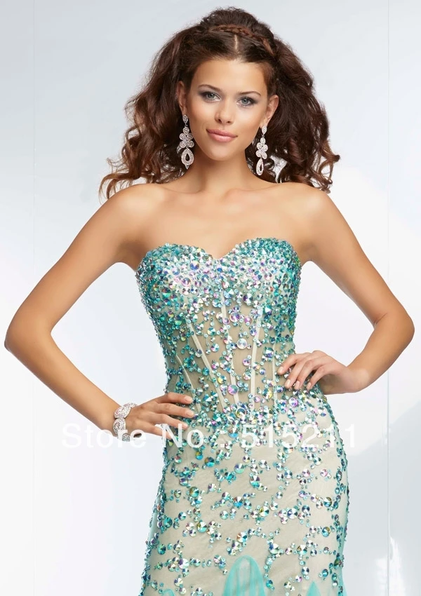 Luxury Beaded Sweetheart See Through Corset Side Slit Ice Blue Champagne Mermaid Prom Dresses Pageant Gowns 2014 New Arrival | Свадьбы и