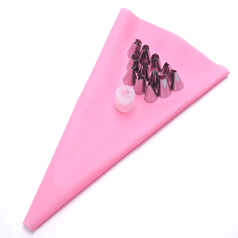 pink 14 шт./комплект Силиконовые глазурные трубочки Крем кондитерский мешок+ 12 шт. сопла из нержавеющей стали Кондитерские меняющиеся насадки DIY Инструменты для украшения торта - Цвет: pink