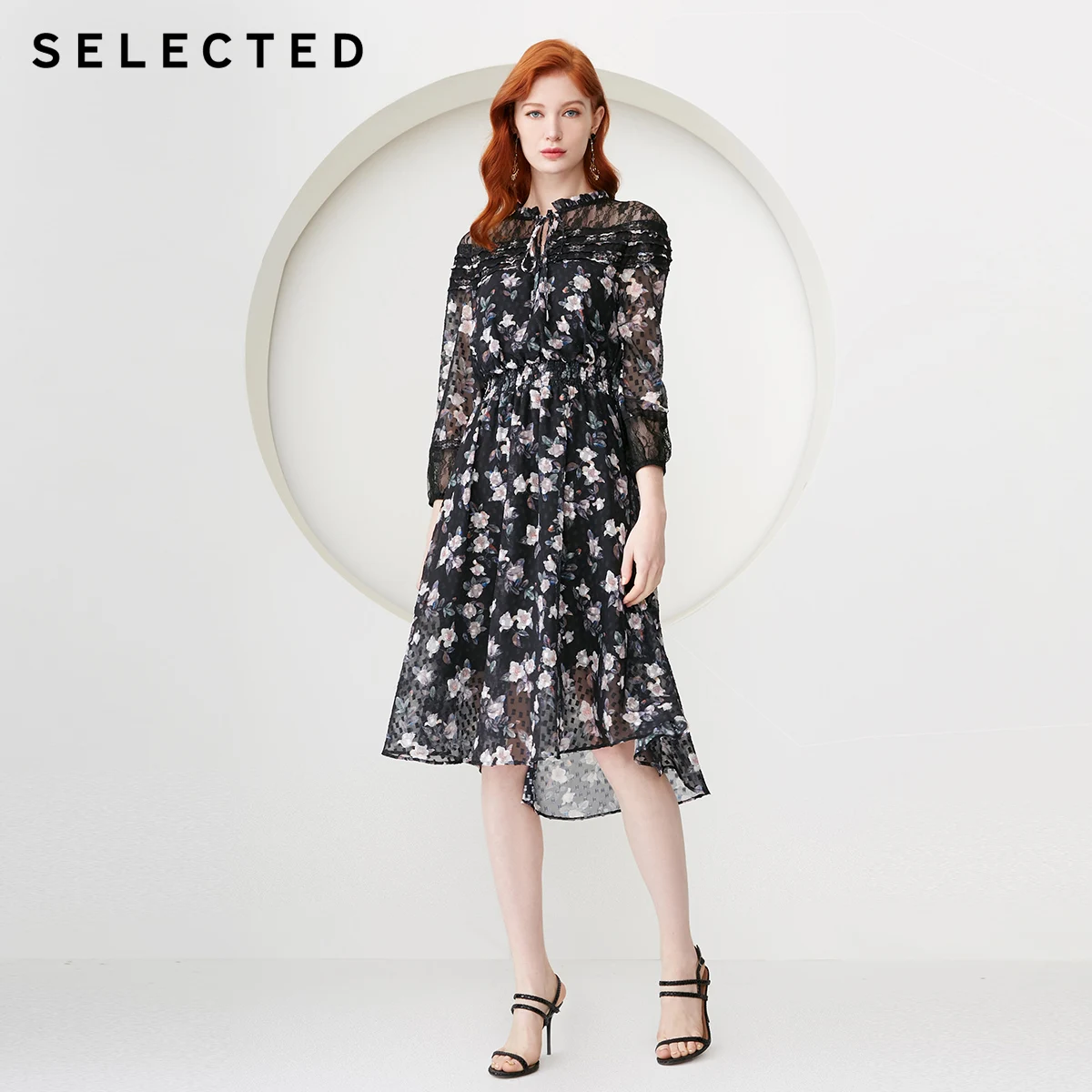 Отборное длинное шифоновое кружевное платье S | 41912J503 - Цвет: BLACK BASE PINK ROSE