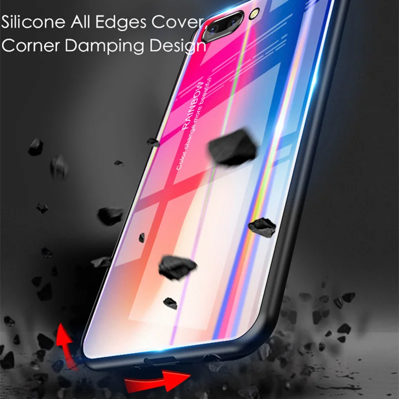 Gradient Color Phone Case For Honor 10 V10 Play Tempered Glass Back Cover Rainbow colorful Shell |
