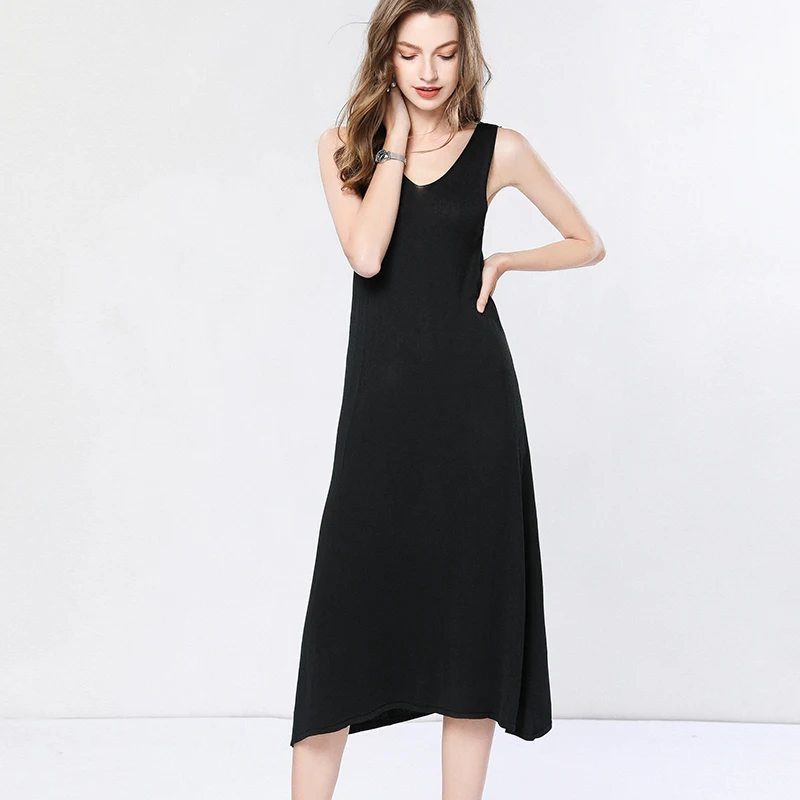 Женское трикотажное платье миди без рукавов с V образным вырезом|Женские платья| |