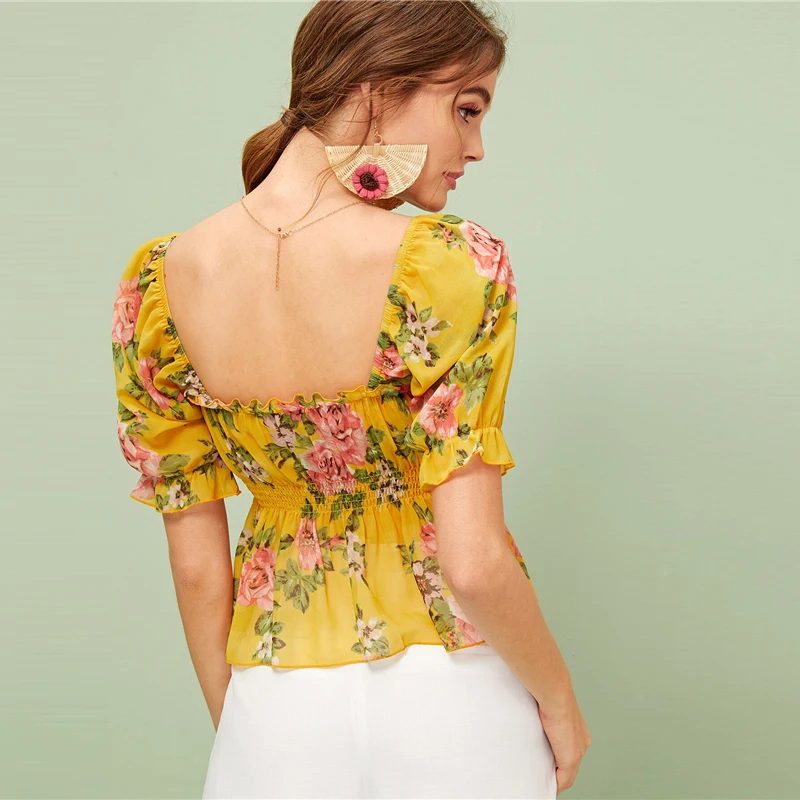 SHEIN женский топ с цветочным принтом и оборкой, с баской, летние, расклешенные, гофрированные блузки, Boho Ginger Ruffle Hem, Женские топы и блузки