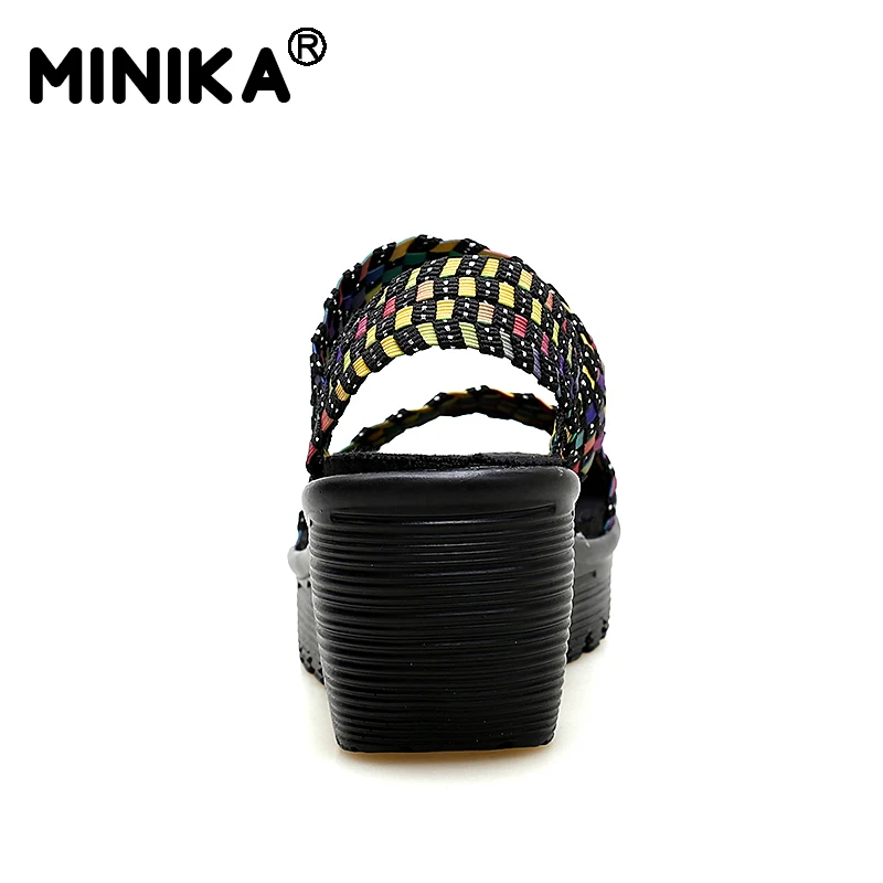 Minika/летние женские сандалии тканые на плоской платформе и танкетке шлепанцы с