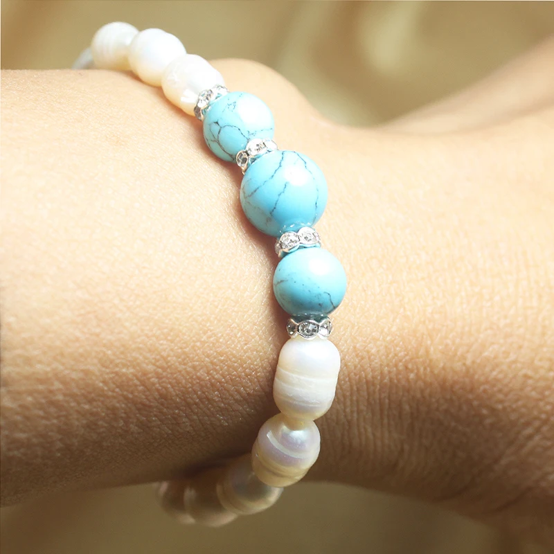 Бирюзовые браслеты в форме капли с натуральным белым пресноводным жемчугом из